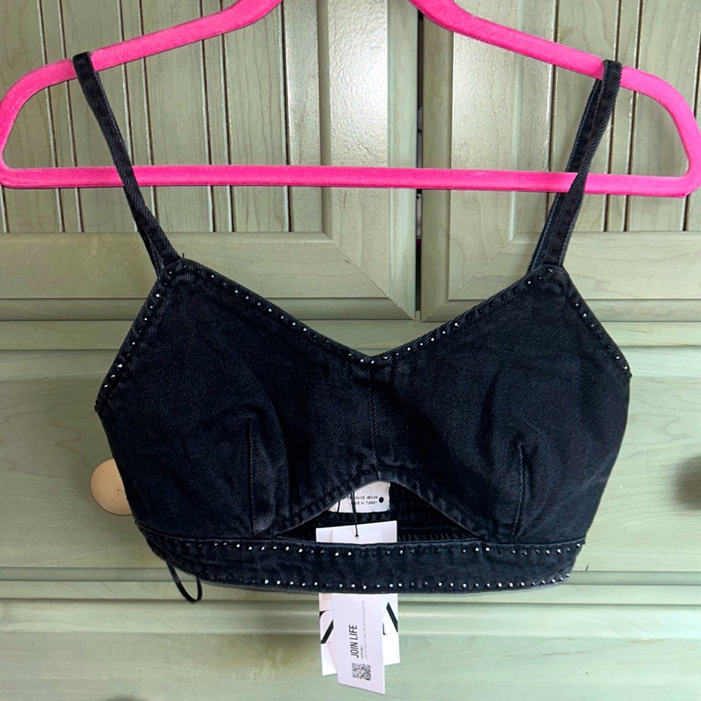 Zara NWT Black Denim XS Bralette Top